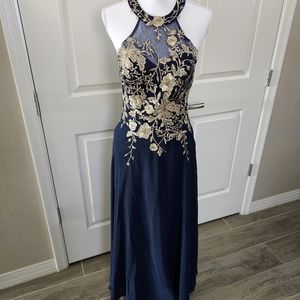 Navy blue and Gold size 6 Betsy & Adam gown dress